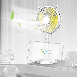Cat Ear Portable USB Rechargeable Handheld 3 Speed Strong Wind Electric Small Mini Cooling Fan with Cell Phone Holder and Light (White)